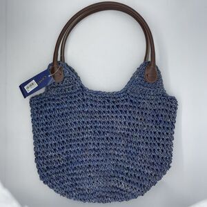 Charter Club Classics Straw Shoulder Bucket Bag Blue Cornhusk Vegan Leather